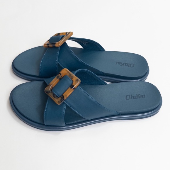 Olukai La'i Slide Sandals Women 8 Blue Tortoise Buckle Comfort Slip-On 31473-00 - Picture 5 of 16